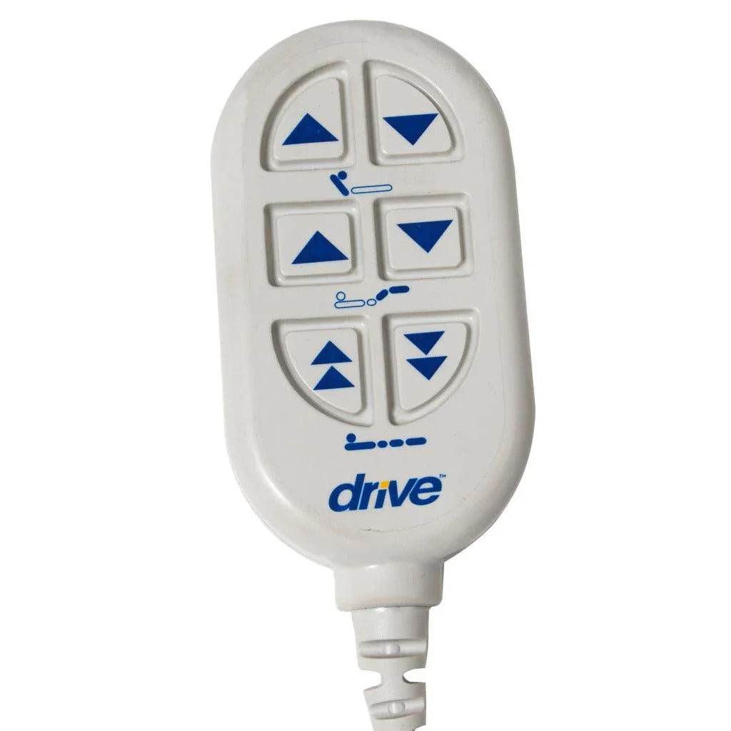Electric hospital bed wired remote control with blue arrow buttons for adjustable settings