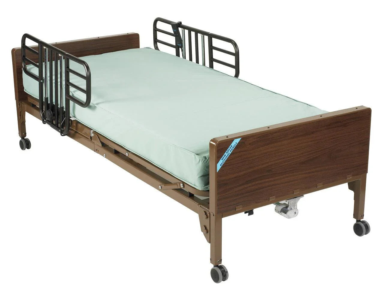 Electric low height hospital bed with side rails and wheels for home care or medical use