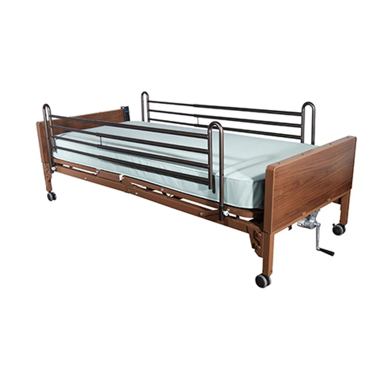 Full electric low height hospital bed with safety rails and caster wheels