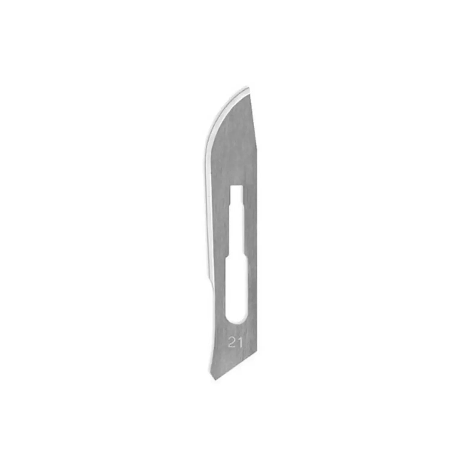 Stainless steel surgical scalpel blade size 21 on white background