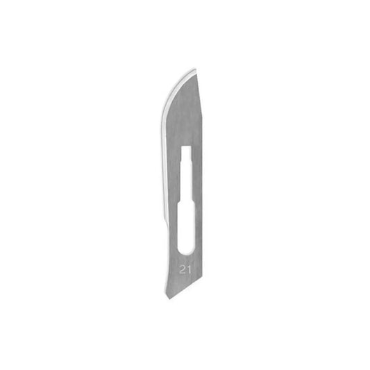 Stainless steel surgical scalpel blade size 21 on white background