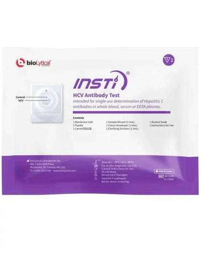 HCV antibody test kit packaging for Hepatitis C, single-use home diagnostic medical supply