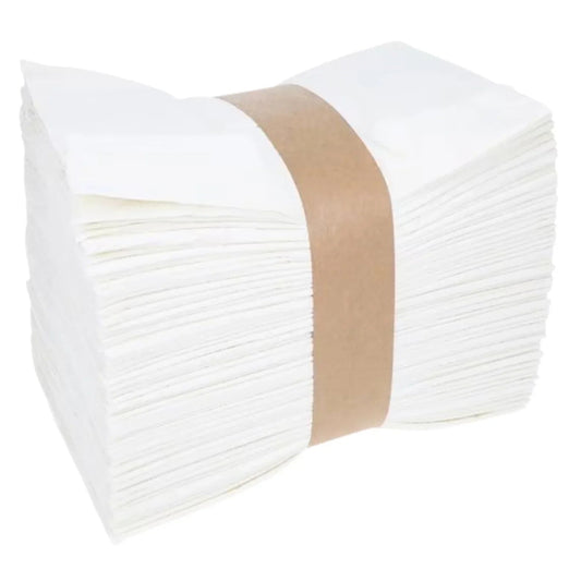 Stack of white disposable paper napkins bundled with brown paper band