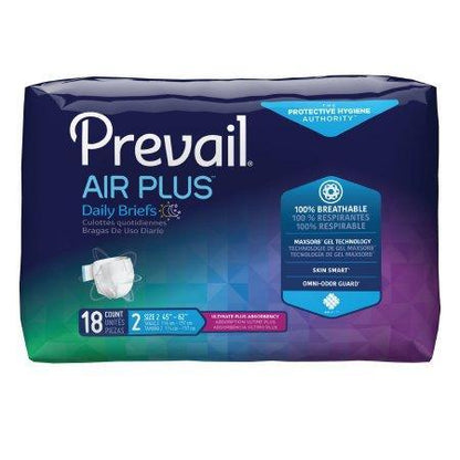 Prevail Air Plus Daily Briefs adult diapers package, 18 count, breathable incontinence supplies