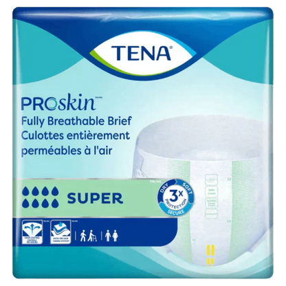 TENA ProSkin fully breathable adult brief in super absorbency, medical incontinence product packaging