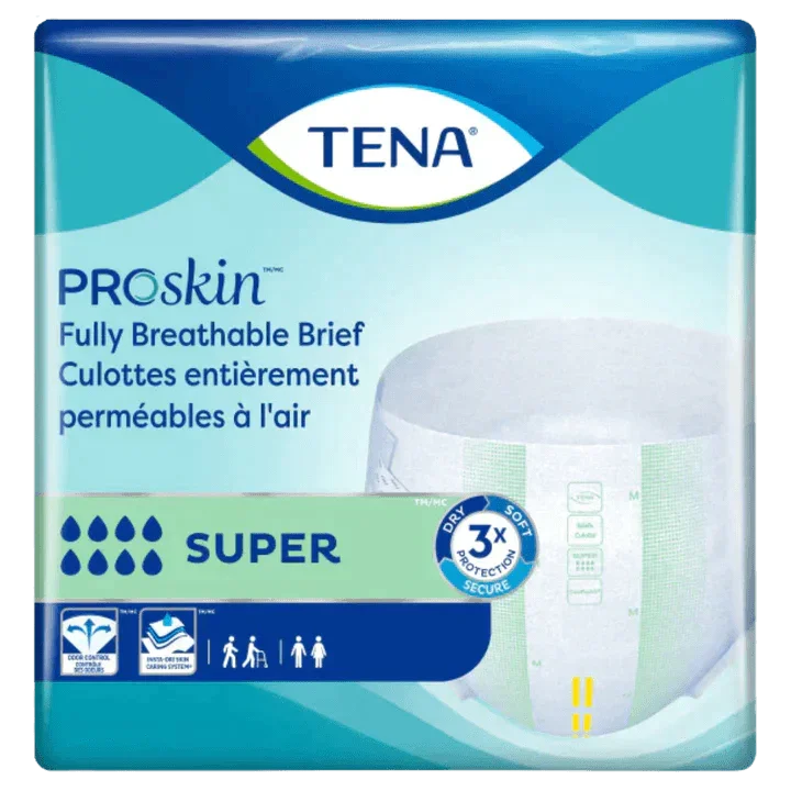 TENA ProSkin fully breathable incontinence brief for adults, super absorbency, packaging.