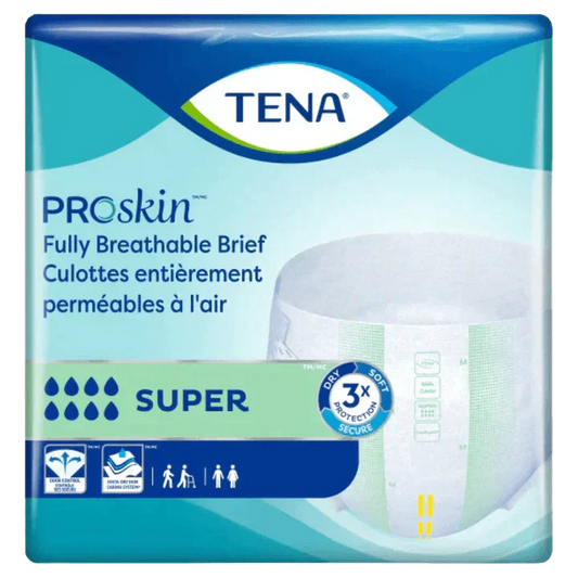 TENA ProSkin Super breathable adult brief package, incontinence supplies, odor control.