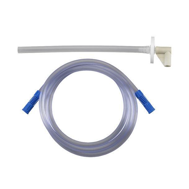 Clear medical suction tubing set with blue connectors and white elbow adapter.