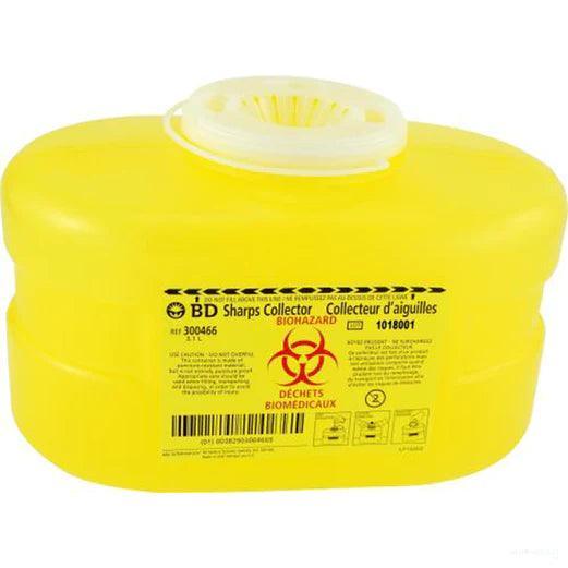 Yellow BD sharps collector container with biohazard label for safe needle disposal