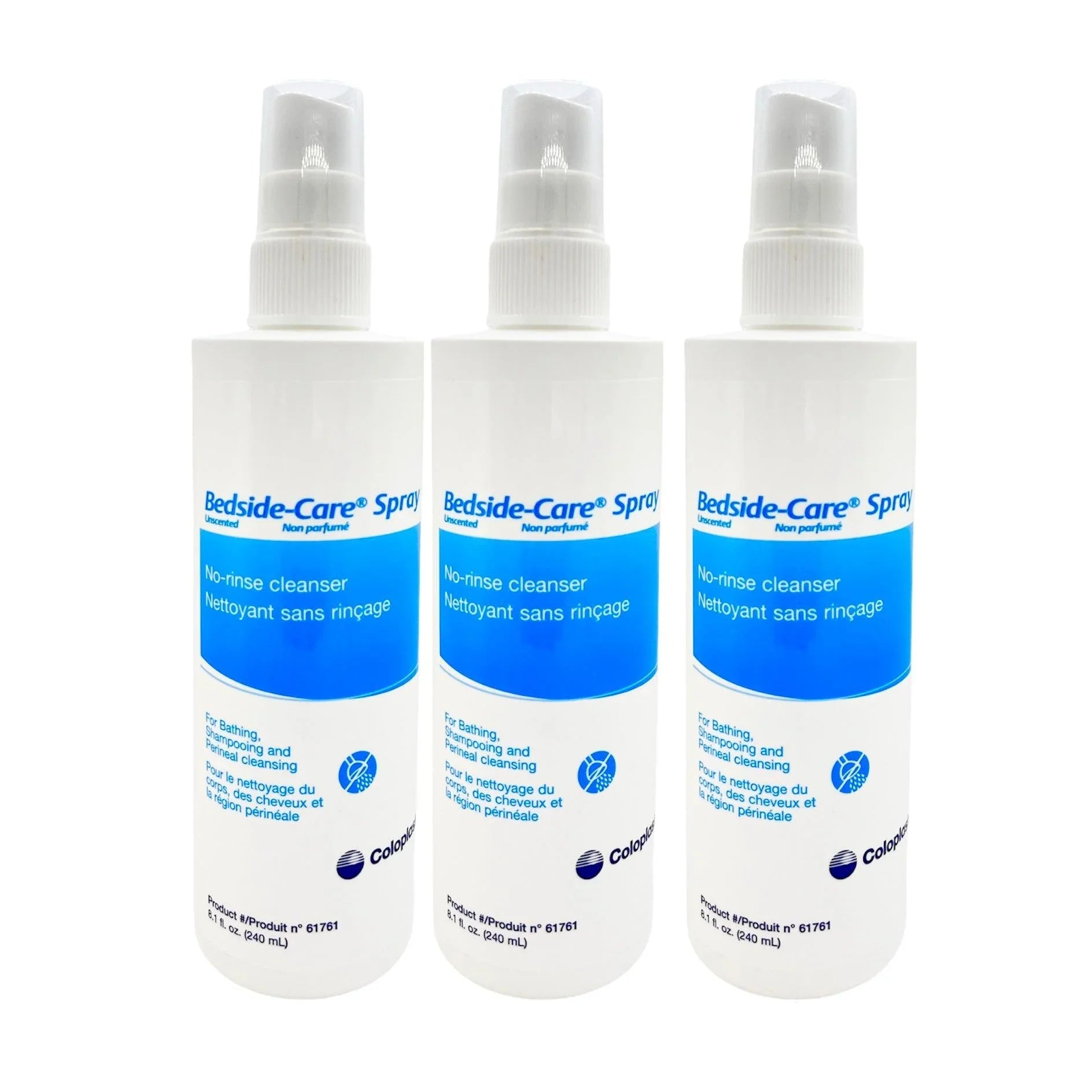 Three bottles of Bedside-Care Spray no-rinse cleanser for bathing and personal care