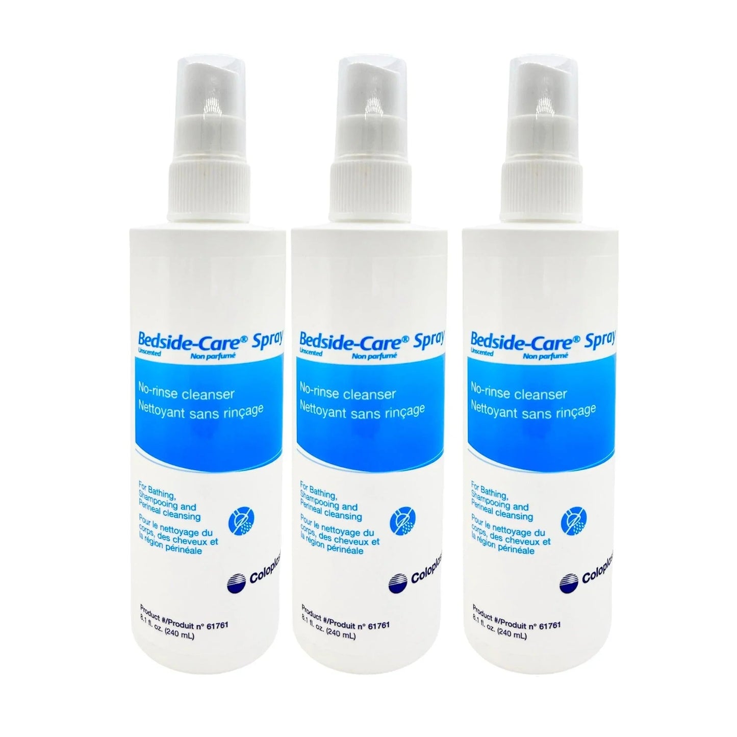 Three bottles of Bedside-Care Spray no-rinse cleanser for bathing and personal care