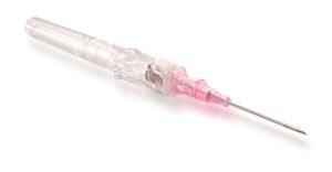 IV catheter with pink hub for medical use, isolated on white background