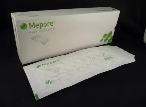 Mepore sterile adhesive wound dressings box and individually wrapped dressing on black background