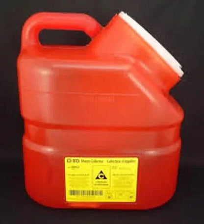 Red medical sharps container with handle and yellow biohazard label, used for safe needle disposal