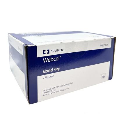 Box of Covidien Webcol alcohol prep pads, 2 ply large, for medical and home care use