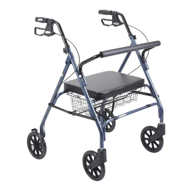 Four-wheel rollator walker with padded seat, storage basket, and hand brakes for mobility support