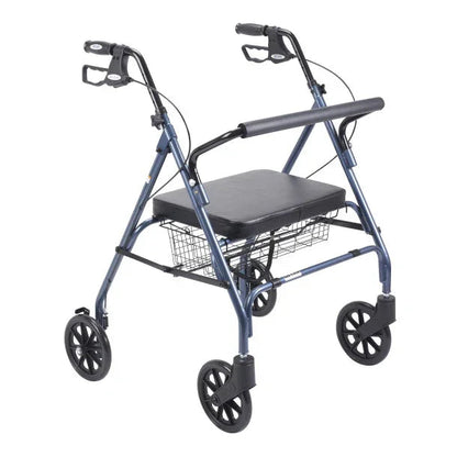 Blue four-wheel rollator walker with padded seat and storage basket for mobility support
