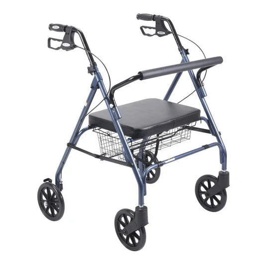 Blue four-wheel rollator walker with padded seat and storage basket for mobility support
