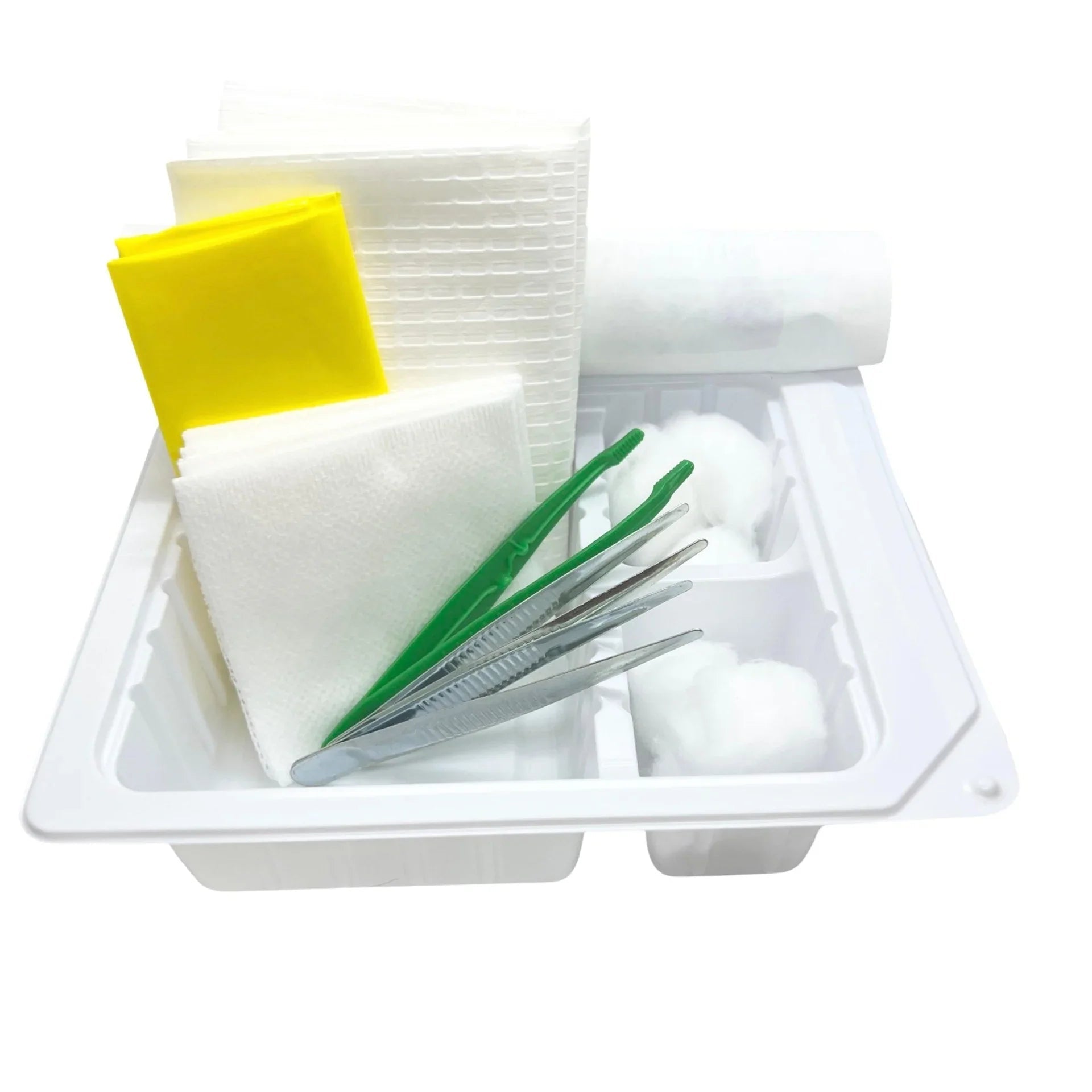 Sterile medical dressing kit with forceps, gauze pads, cotton balls, and barrier drapes in tray
