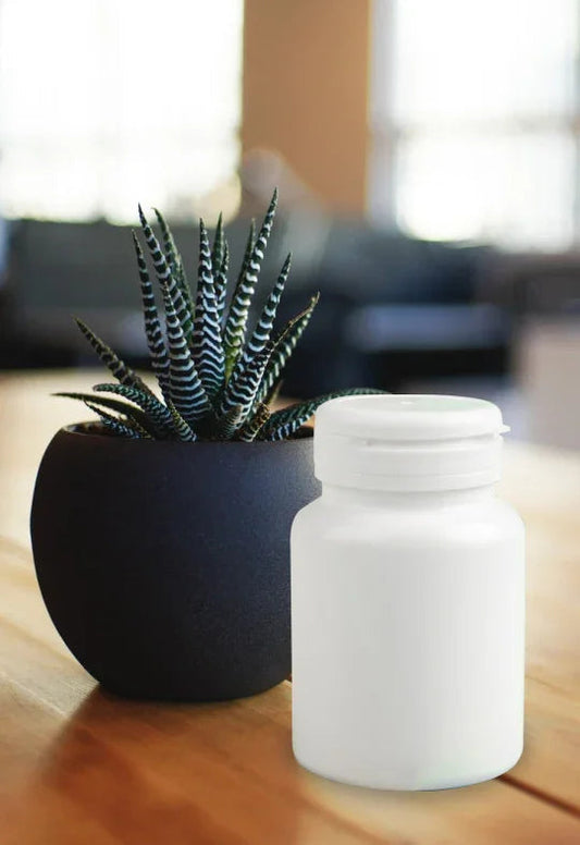 White medicine bottle on wooden table beside a small potted succulent, indoor setting