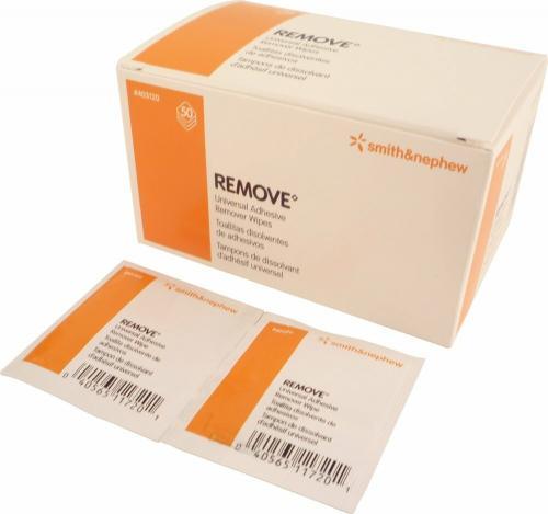 Box and packets of medical adhesive remover wipes for home and long-term care use