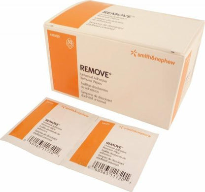 Box of Smith & Nephew Remove adhesive remover wipes with two individual wipe packets