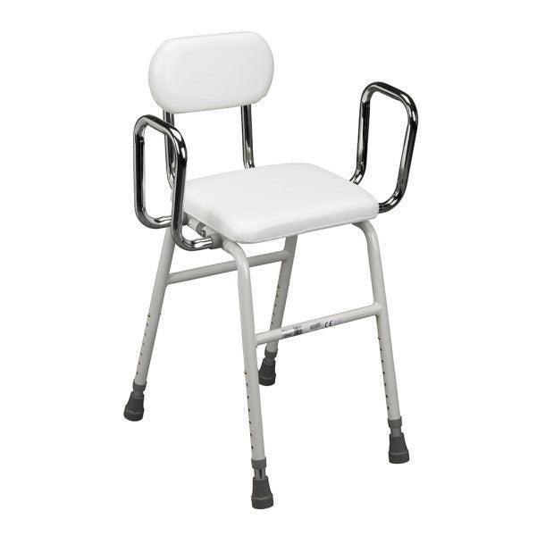 Adjustable medical shower chair with padded seat, backrest, and armrests