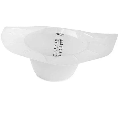 White plastic graduated urine collection bowl with measurement markings for medical use