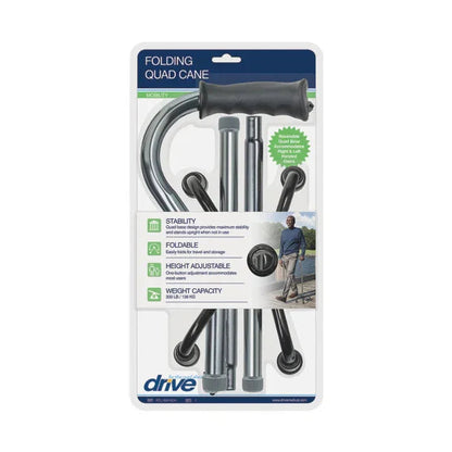 Folding quad cane in retail packaging, adjustable height, mobility aid for stability
