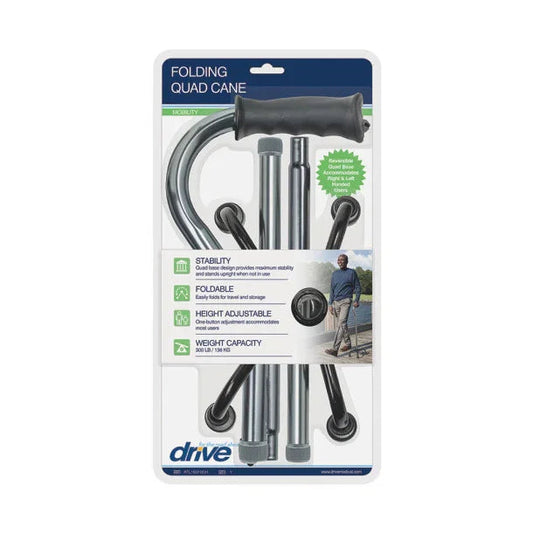 Folding quad cane in retail packaging, adjustable height, mobility aid for stability