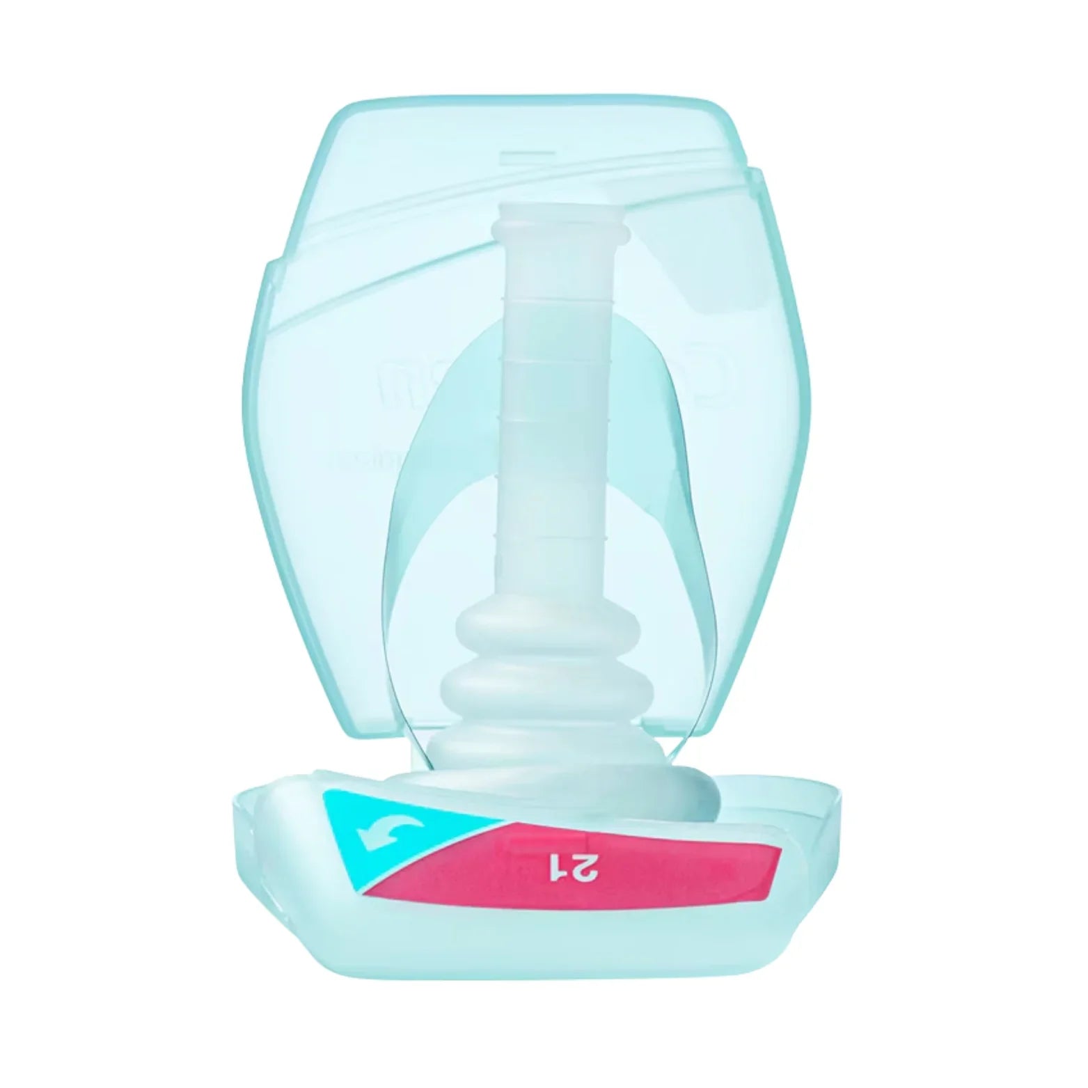 Silicone breast pump flange in light blue storage case, labeled size 21 mm, medical supply