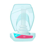 White silicone breast pump flange insert in transparent teal storage case, size 21 mm marked on label.