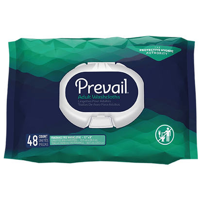 Prevail adult washcloths package, 48 count, fragrance-free personal hygiene wipes