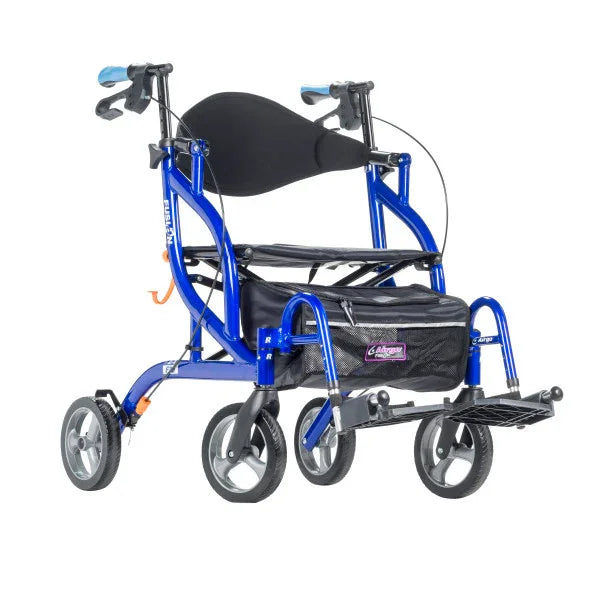 Lightweight blue rollator transport chair with four wheels, padded seat, and storage bag