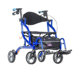 Lightweight blue rollator wheelchair with padded seat, storage bag, and footrest