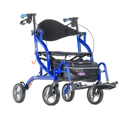 Lightweight blue rollator wheelchair with padded seat, storage bag, and footrest
