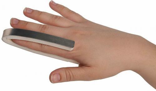 Hand wearing aluminum finger splint for finger injury support and immobilization