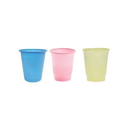 Three disposable plastic cups in blue, pink, and yellow on a white background.