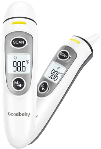 Digital infrared ear and forehead thermometer with LCD display showing 98.6°F