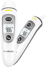 Digital infrared forehead and ear thermometer displaying 98.6°F, medical home care supply