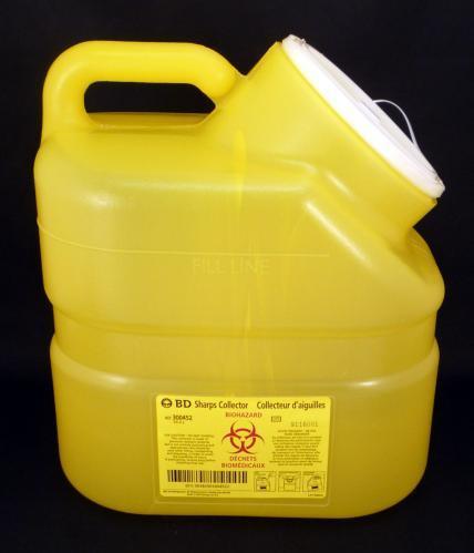 Yellow BD sharps needle collector container with handle and secure lid for medical waste disposal