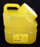 Yellow BD sharps needle collector container with handle and secure lid for medical waste disposal