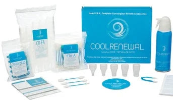 Cryotherapy kit with blue Cool Renewal packaging, applicators, canister, and swabs displayed on table