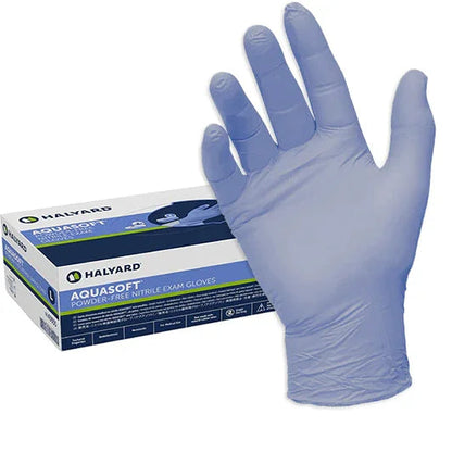 Blue nitrile exam glove on hand next to Halyard Aquasoft powder-free medical gloves box