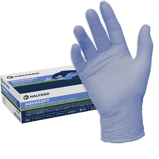 Box of Halyard Aquasoft powder-free nitrile exam gloves with one blue glove displayed