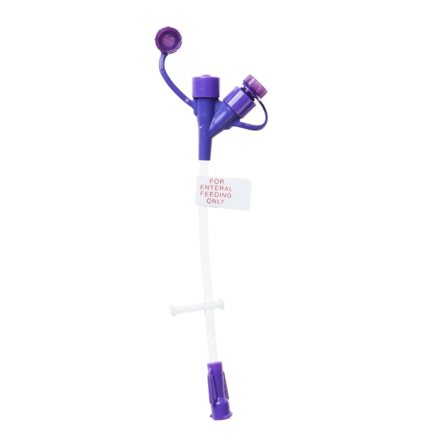 Purple enteral feeding tube connector for medical and home care use, isolated on white background