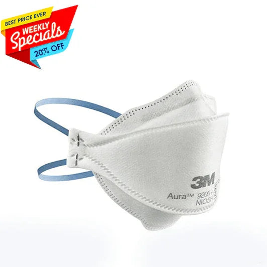 3M Aura 9205 N95 respirator mask with blue headbands, weekly specials 20% off badge