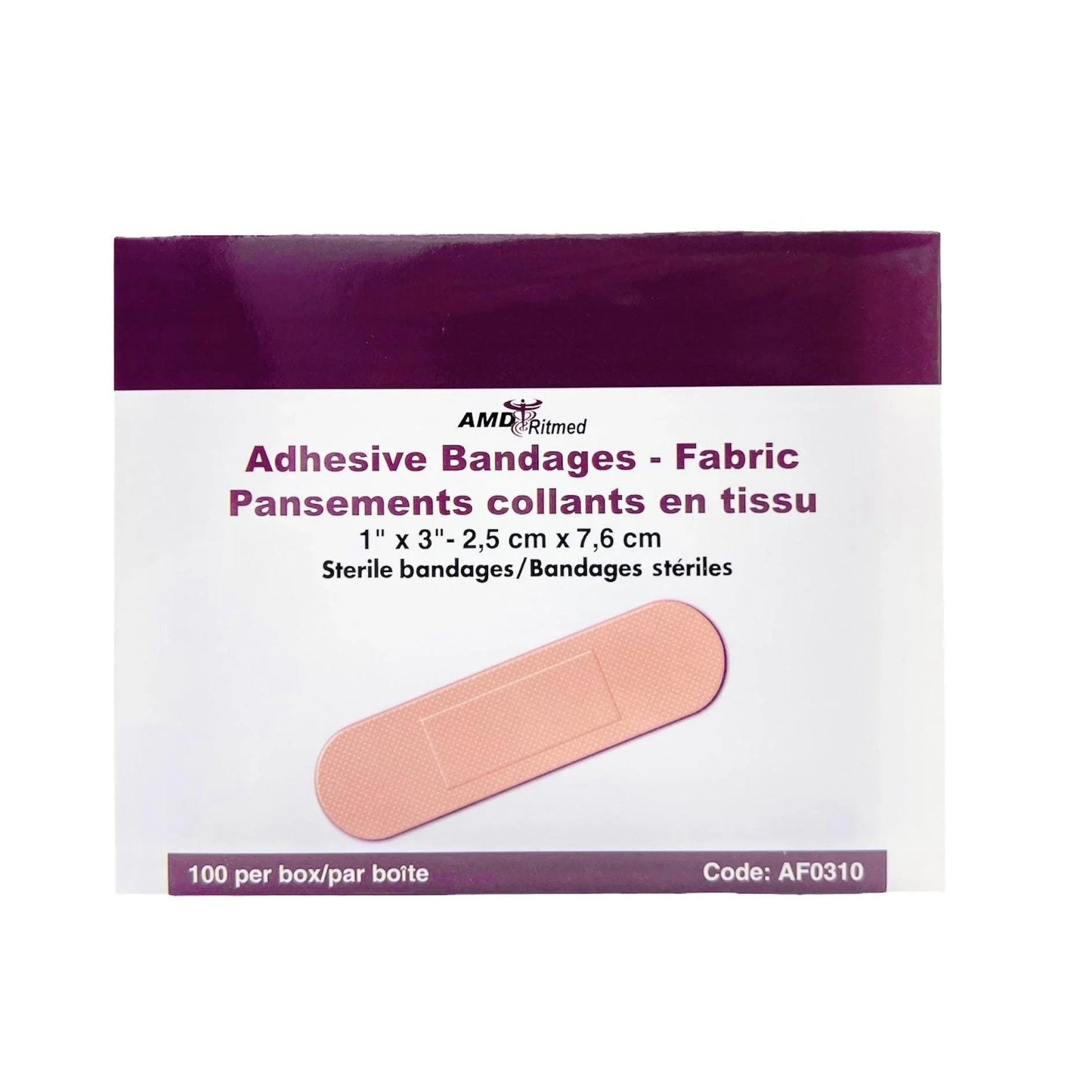 Box of AMD Ritmed adhesive fabric bandages, 1x3 inch sterile, 100 count