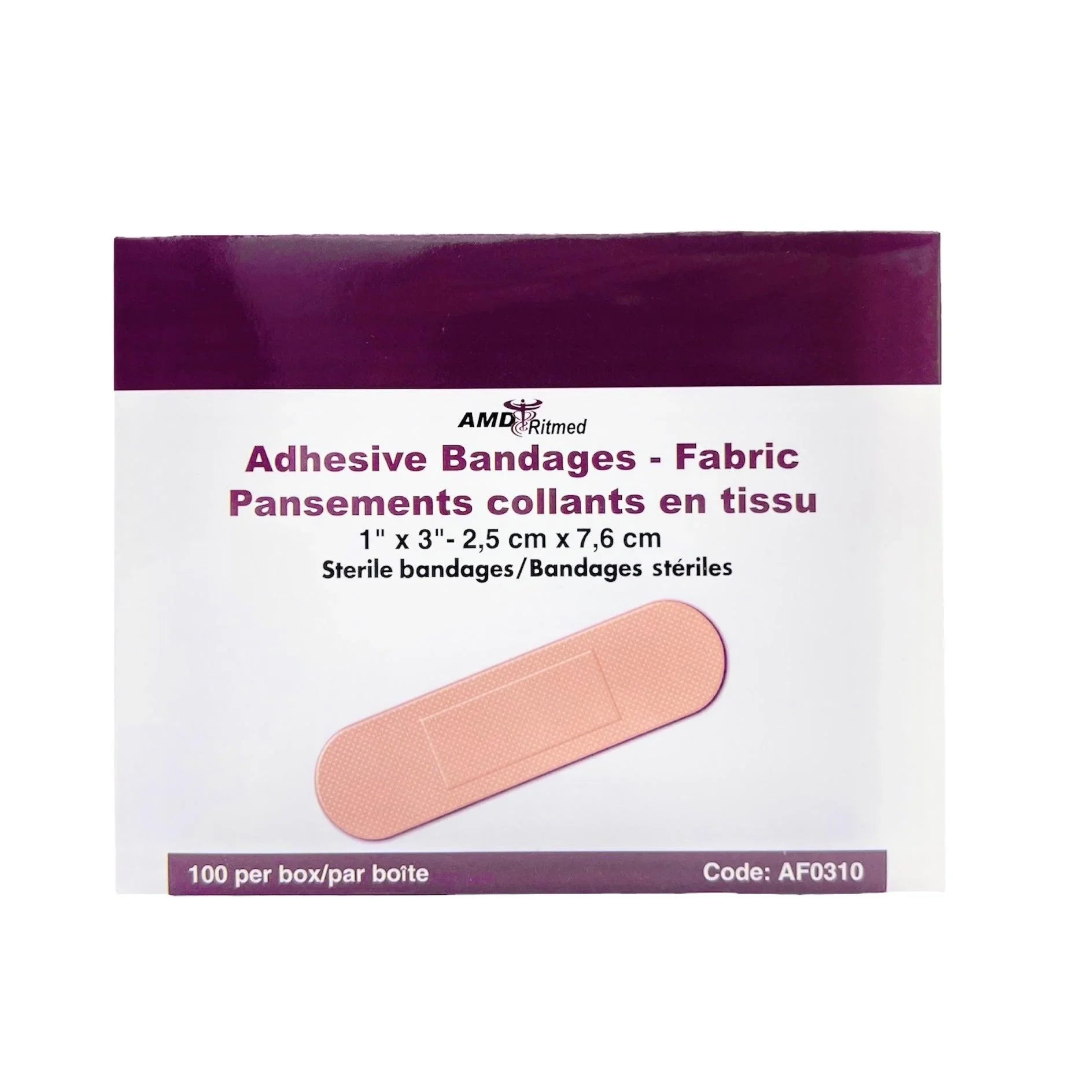 Box of AMD Ritmed adhesive fabric bandages, 1x3 inch sterile, 100 count