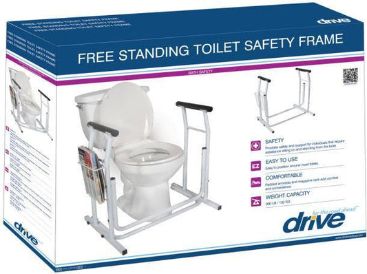 Free standing toilet safety frame product box with support handles for bathroom safety
